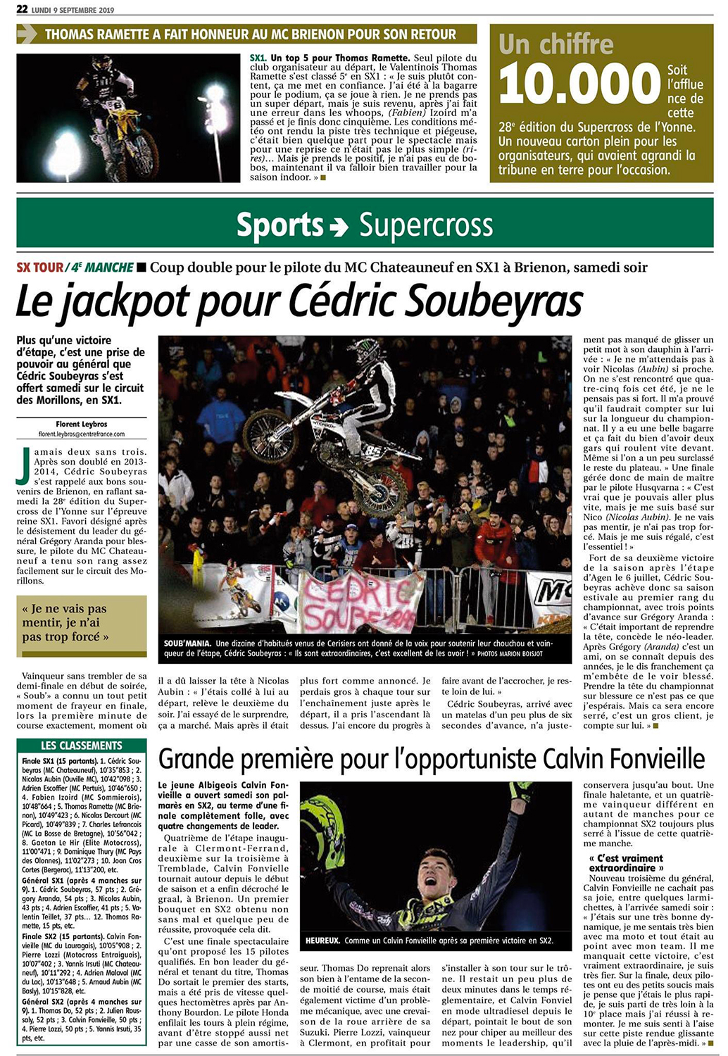 Supercross de l'Yonne 2019 - Article de l'Yonne républicaine du Lundi 9 Septembre