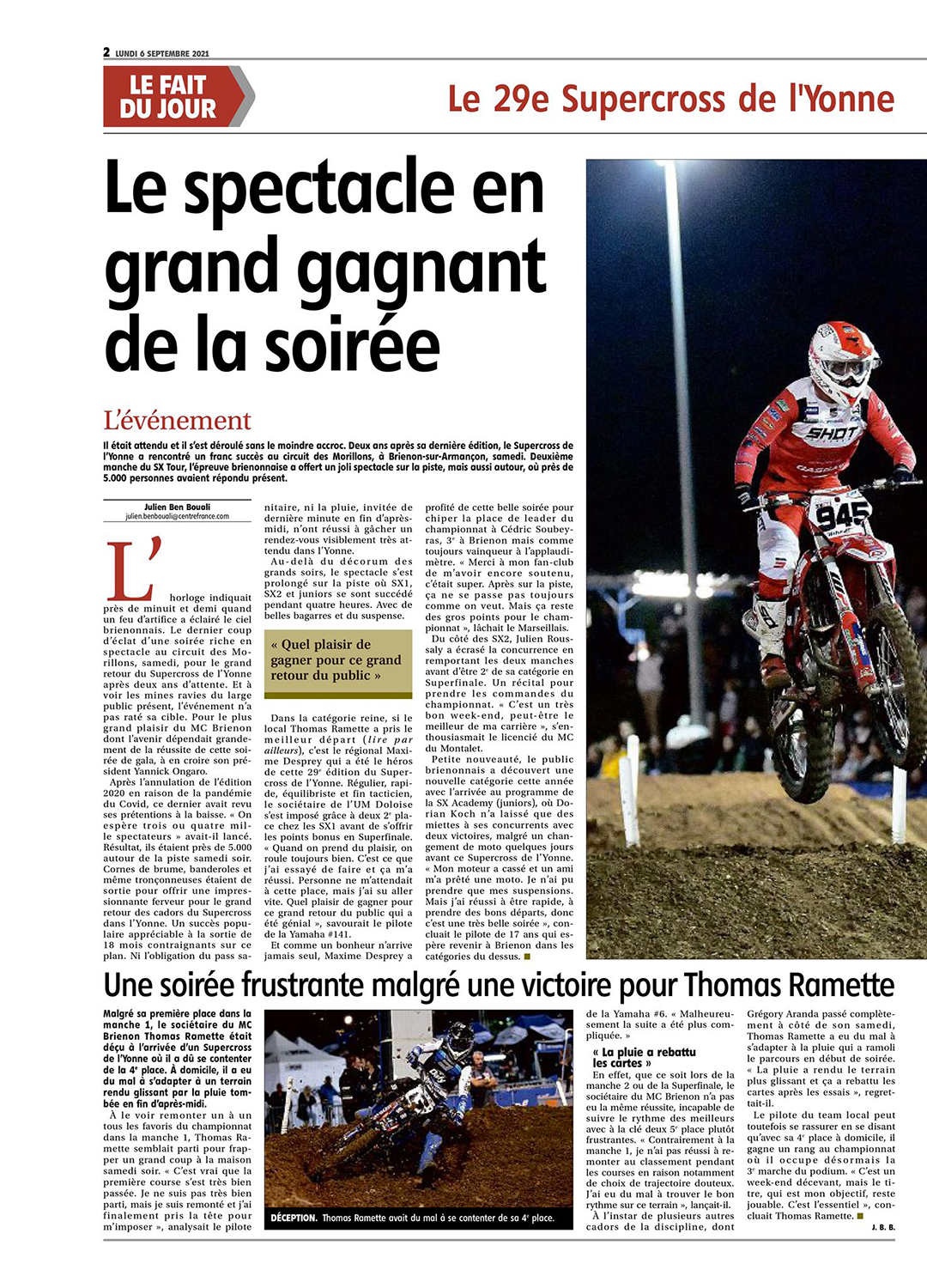 Supercross de l'Yonne 2021 - Article YR du 6 septembre